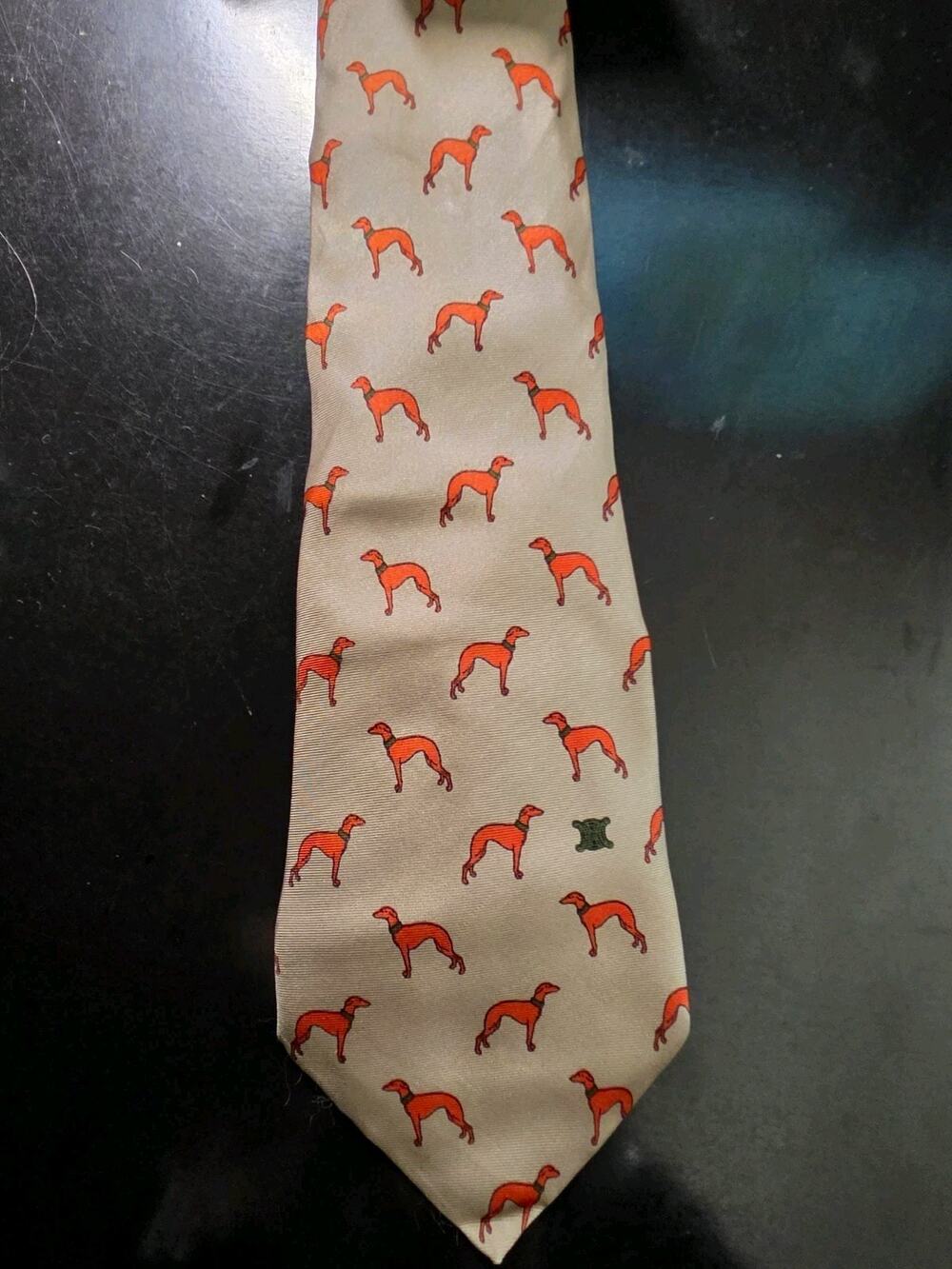 Vintage CELINE Paris Beige Orange Green Hunting Dogs Print Silk Tie